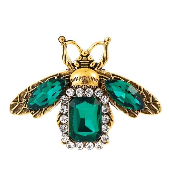 Bee Brooch Beautiful Emerald Rhinestone Pin Gemstone Glam Insect Bumble Sparkle - Picture 1 of 2